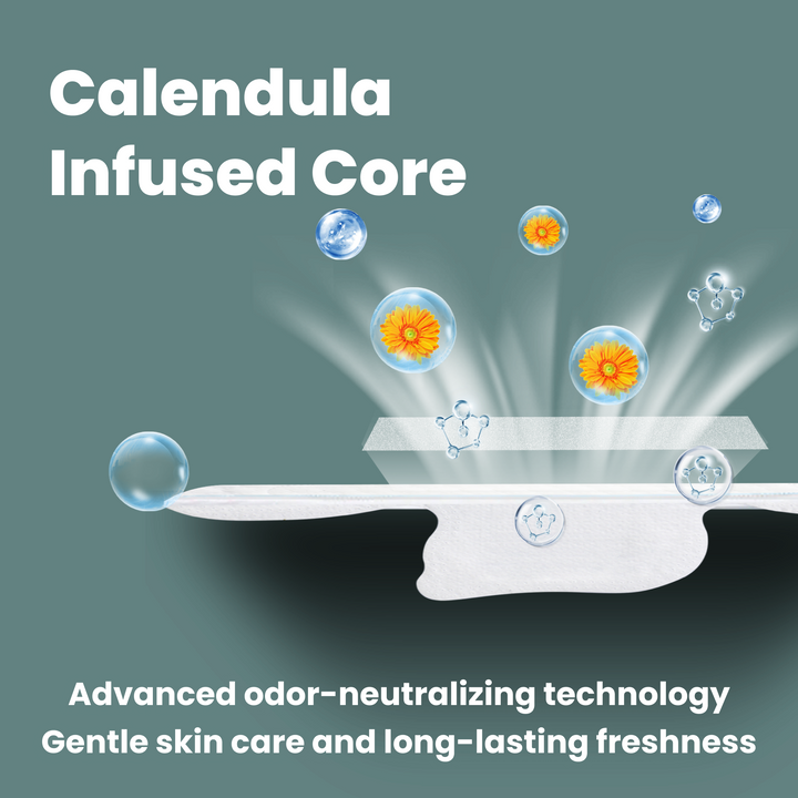 image of uNeat Breathable Sanitary Pads in blue background. The image showcases key features: Calendula infused core, advanced odor-neutralizing technology and gentle skin care and long-lasting freshness.