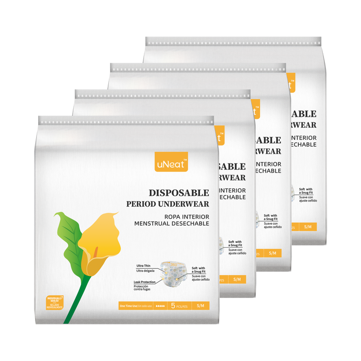 Four stacked packages of uNeat Ultra-Thin Disposable Period Underwear in  S/M size. The packaging features a green leaf logo with a yellow flower (uNeat flower logo) and displays product information on a white background.