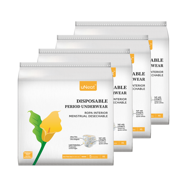 Four stacked packages of uNeat Ultra-Thin Disposable Period Underwear in XS size. The packaging features a green leaf logo with a yellow flower (uNeat flower logo) and displays product information on a white background.