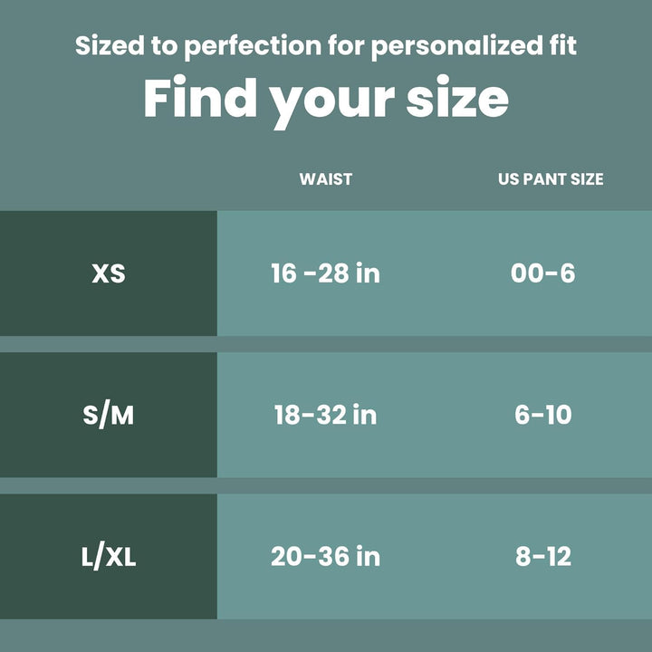 Size chart for uNeat Disposable Period Underwear with waist measurements and US pant sizes on a green background. Size XS, Waist 16-8 inches, US Pant Size 00-6, Size S/M, Waist 18-32 inches, US Pant Size 6 - 10. Size L/XL waist 20 - 36, US Pant Size 8 - 12. 