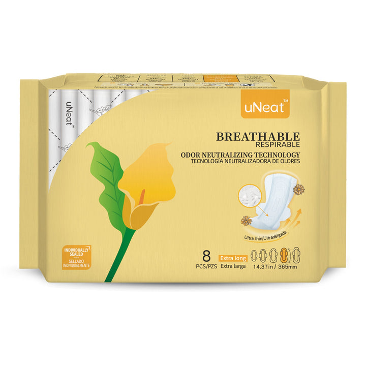 One yellow package of uNeat Breathable Sanitary pads with Odor Neutralizing Technology. Ultra thin, 8 count, Extra long size (14.37 in / 365 mm). The yellow packaging features a green leaf logo with a yellow flower (uNeat flower logo).