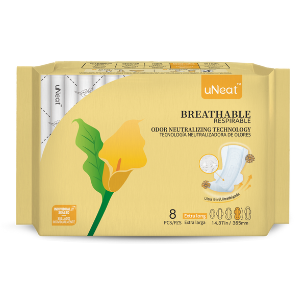 One yellow package of uNeat Breathable Sanitary pads with Odor Neutralizing Technology. Ultra thin, 8 count, Extra long size (14.37 in / 365 mm). The yellow packaging features a green leaf logo with a yellow flower (uNeat flower logo).
