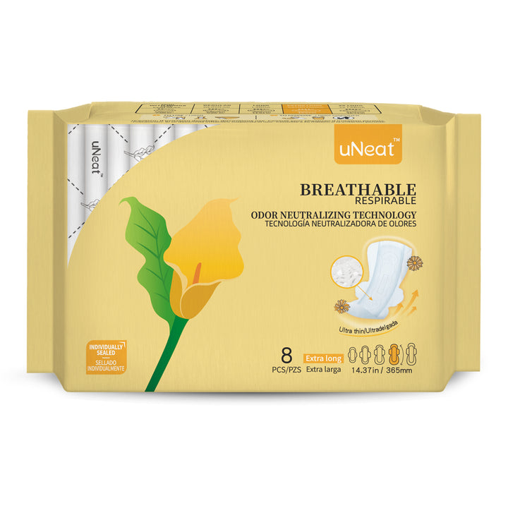 One yellow package of uNeat Breathable Sanitary pads with Odor Neutralizing Technology. Ultra thin, 8 count, Extra long size (14.37 in / 365 mm). The yellow packaging features a green leaf logo with a yellow flower (uNeat flower logo).