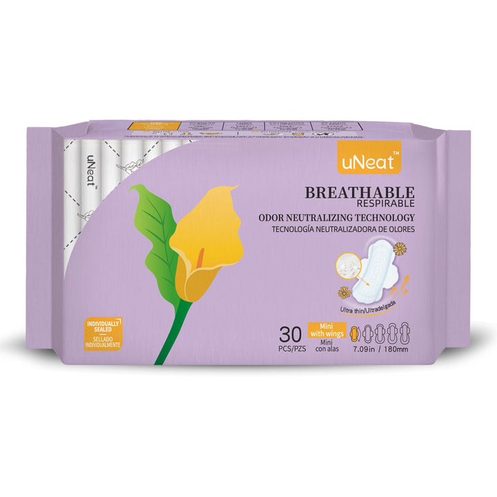 One purple package of uNeat Breathable Sanitary pads with Odor Neutralizing Technology. Ultra thin, 30 count, Regular size (7.09 in / 180 mm). The purple packaging features a green leaf logo with a yellow flower (uNeat flower logo).
